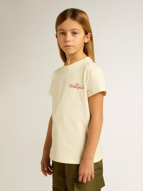 Aged White Golden Goose Topwear Selection (4-12 Years) Girls' Cotton T-Shirt In Worn White With Red Embroidery On The Chest Kids - Image 2