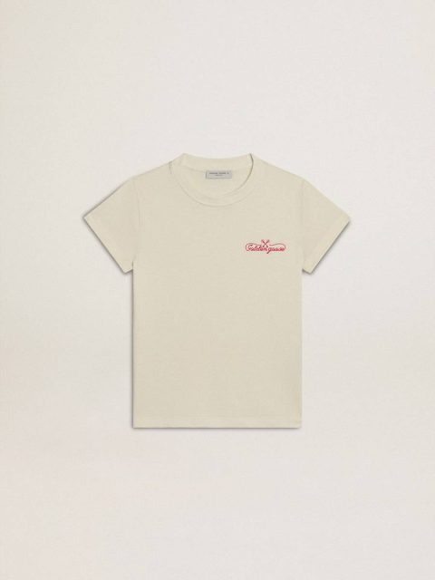 Aged White Golden Goose Topwear Selection (4-12 Years) Girls' Cotton T-Shirt In Worn White With Red Embroidery On The Chest Kids