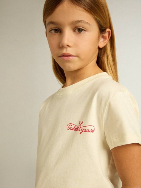 Aged White Golden Goose Topwear Selection (4-12 Years) Girls' Cotton T-Shirt In Worn White With Red Embroidery On The Chest Kids - Image 5