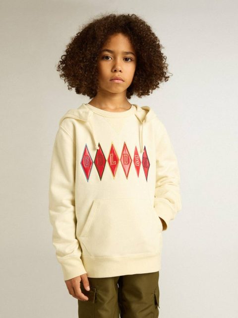 Aged White Golden Goose Topwear Selection (4-12 Years) Hooded Sweatshirt In Worn White With Golden Embroidery On The Front Kids - Image 3