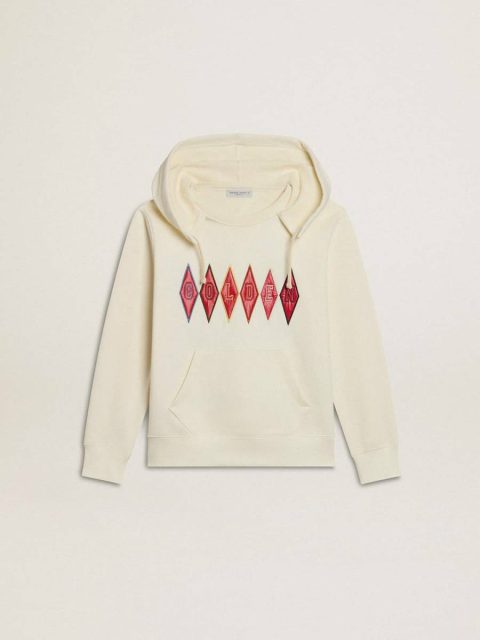 Aged White Golden Goose Topwear Selection (4-12 Years) Hooded Sweatshirt In Worn White With Golden Embroidery On The Front Kids