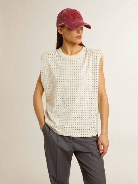 Aged White Sleeveless T-Shirt Embellished With Crystals Aged White Women T-Shirts & Tops Golden Goose - Image 2
