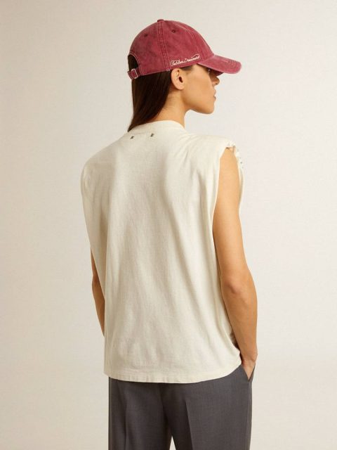 Aged White Sleeveless T-Shirt Embellished With Crystals Aged White Women T-Shirts & Tops Golden Goose - Image 4