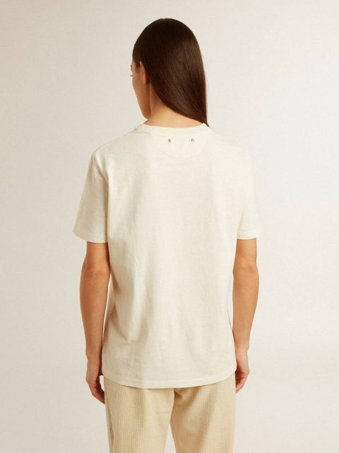 Aged White T-Shirts & Tops Women’s T-Shirt In Aged White With Logo On The Chest Women Golden Goose - Image 4
