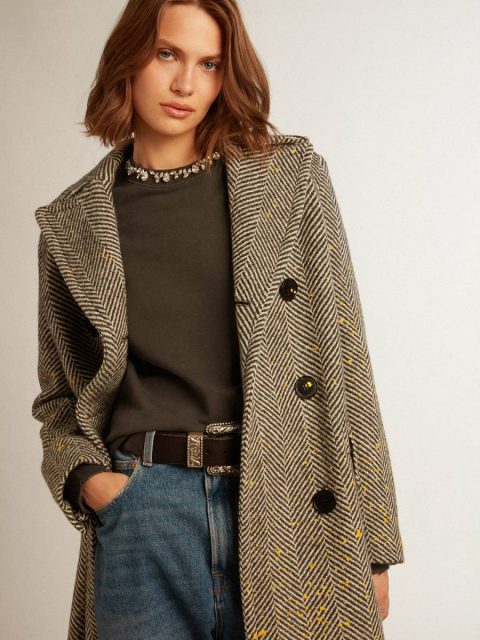 Anthracite Gray Coats & Jackets Women Women's Long Herringbone Coat With Yellow Details Golden Goose - Image 2