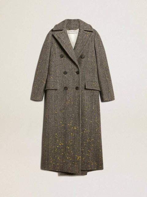 Anthracite Gray Coats & Jackets Women Women's Long Herringbone Coat With Yellow Details Golden Goose