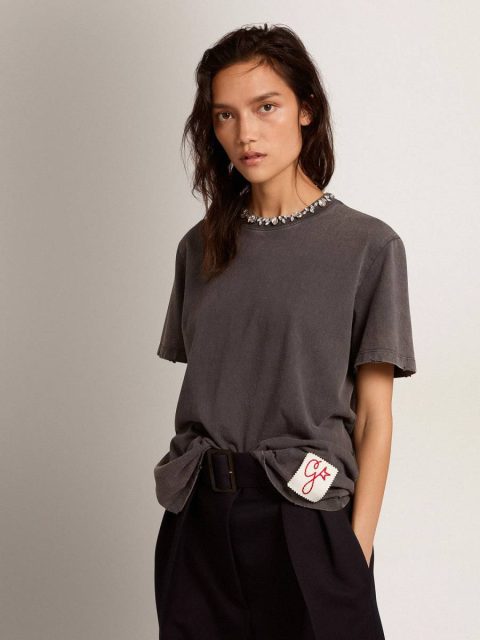 Anthracite Gray Golden Goose T-Shirts & Tops Women Women's Anthracite Gray T-Shirt With Crystals - Image 2
