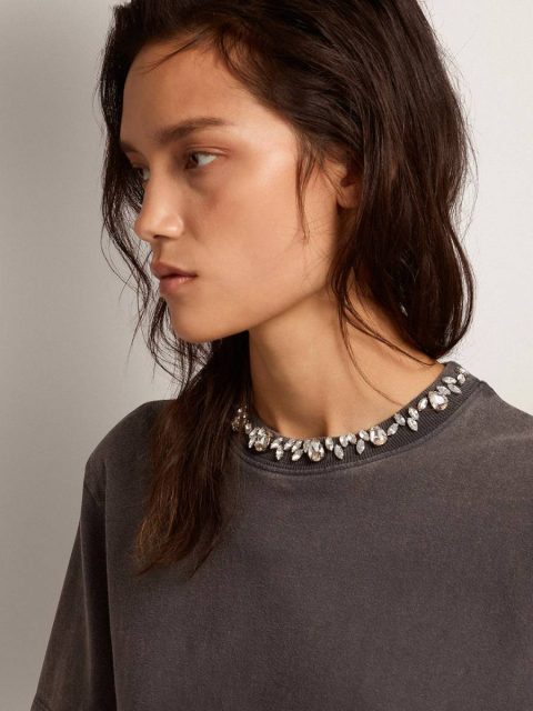 Anthracite Gray Golden Goose T-Shirts & Tops Women Women's Anthracite Gray T-Shirt With Crystals - Image 5