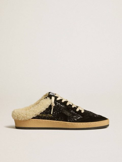 Ball Star Ball Star Sabots In Black Glitter With Black Star And Shearling Lining Women Golden Goose