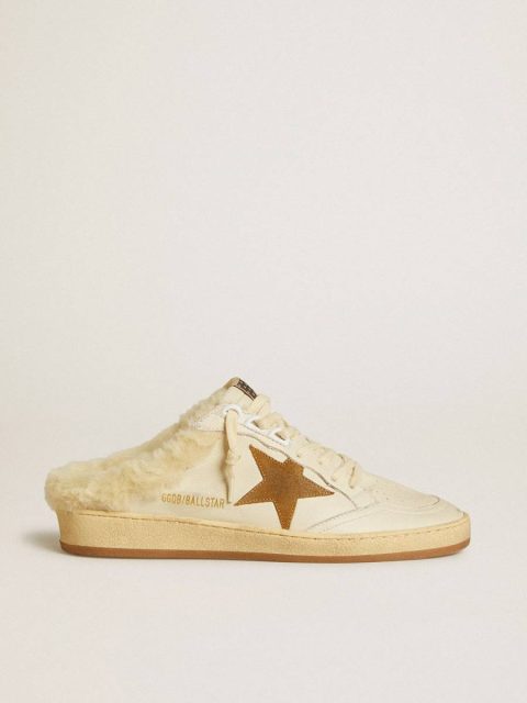 Ball Star Sabots In Leather With Suede Star And Beige Shearling Lining Golden Goose Ball Star White Women