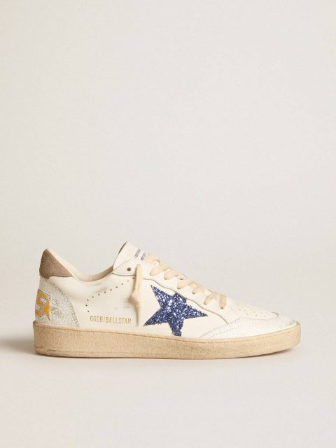 Ball Star With Blue Glitter Star And Dove-Gray Suede Heel Tab Women Golden Goose White Ball Star