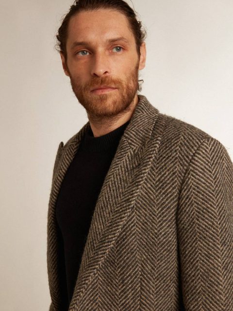 Beige And Anthracite Gray Golden Goose Men Coats & Jackets Men's Single-Breasted Wool Coat With Beige And Gray Herringbone Weave - Image 2