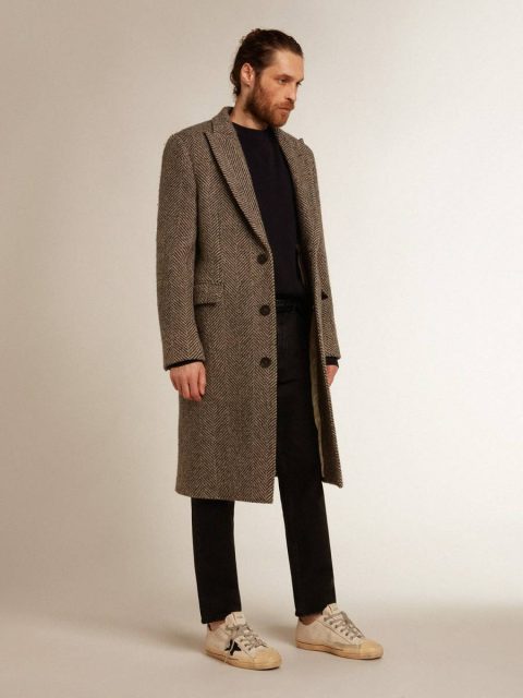 Beige And Anthracite Gray Golden Goose Men Coats & Jackets Men's Single-Breasted Wool Coat With Beige And Gray Herringbone Weave - Image 3