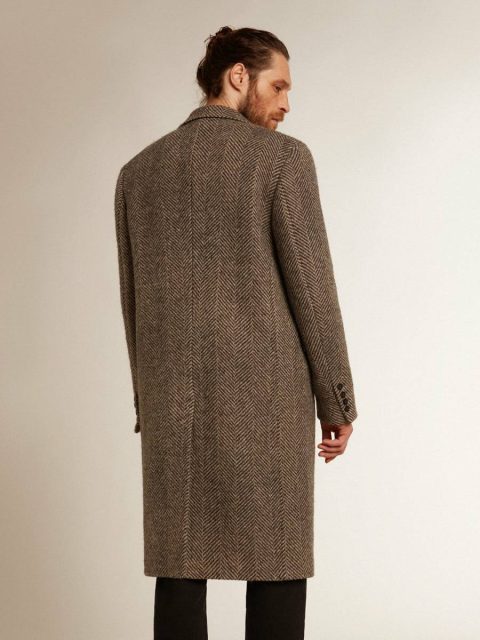 Beige And Anthracite Gray Golden Goose Men Coats & Jackets Men's Single-Breasted Wool Coat With Beige And Gray Herringbone Weave - Image 4