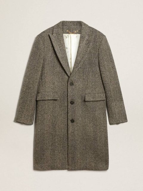 Beige And Anthracite Gray Golden Goose Men Coats & Jackets Men's Single-Breasted Wool Coat With Beige And Gray Herringbone Weave