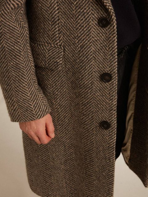Beige And Anthracite Gray Golden Goose Men Coats & Jackets Men's Single-Breasted Wool Coat With Beige And Gray Herringbone Weave - Image 5