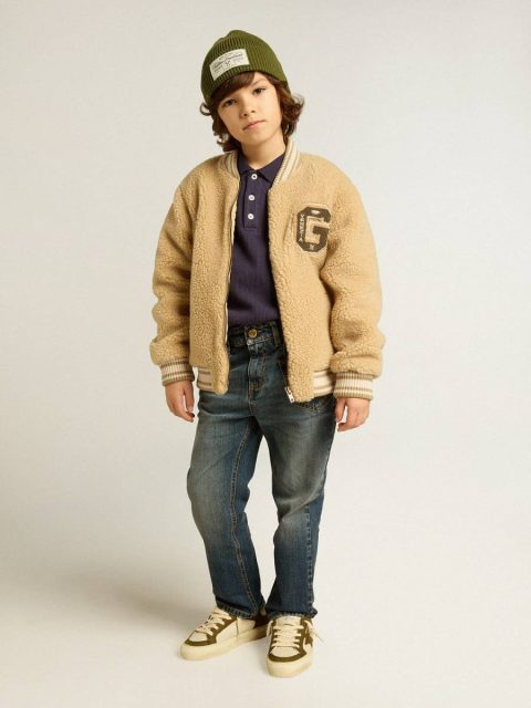 Beige Kids Kids Beige Fleece Bomber Jacket Golden Goose Topwear Selection (4-12 Years) - Image 3