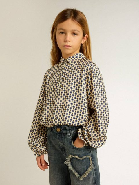 Beige With Blue Diamonds And Black Details Golden Goose Girls' Polo Shirt With Geometric Print Topwear Selection (4-12 Years) Kids - Image 2