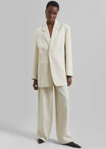 Beige Women The Frankie Shop Bottoms Ripley Pleated Twill Trousers - Light Beige/Black Pinstripe - Image 2