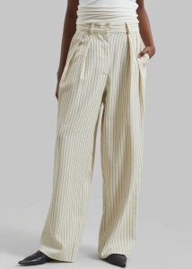 Beige Women The Frankie Shop Bottoms Ripley Pleated Twill Trousers - Light Beige/Black Pinstripe - Image 3