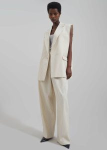 Beige Women The Frankie Shop Bottoms Ripley Pleated Twill Trousers - Light Beige/Black Pinstripe - Image 5