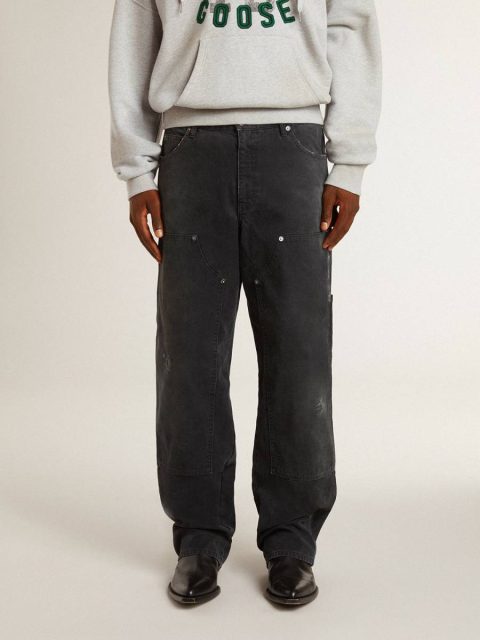 Black Golden Goose Jeans & Pants Men Men's Distressed Black Cotton Jeans With Front Patches - Image 2