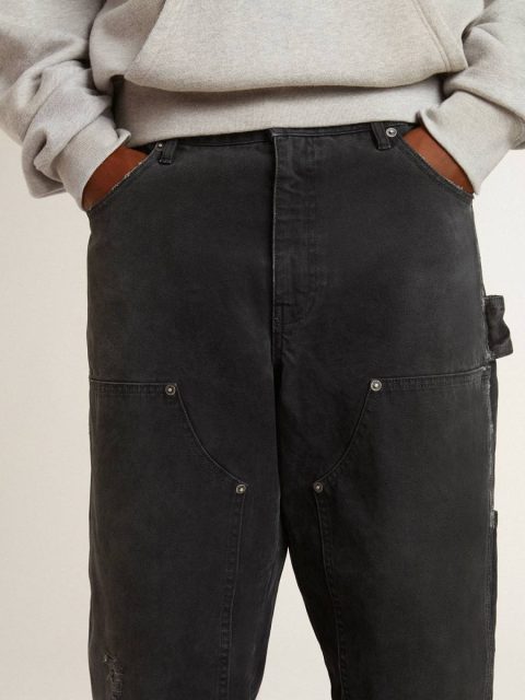 Black Golden Goose Jeans & Pants Men Men's Distressed Black Cotton Jeans With Front Patches - Image 4