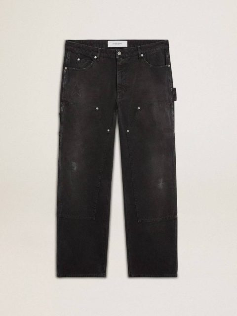 Black Golden Goose Jeans & Pants Men Men's Distressed Black Cotton Jeans With Front Patches