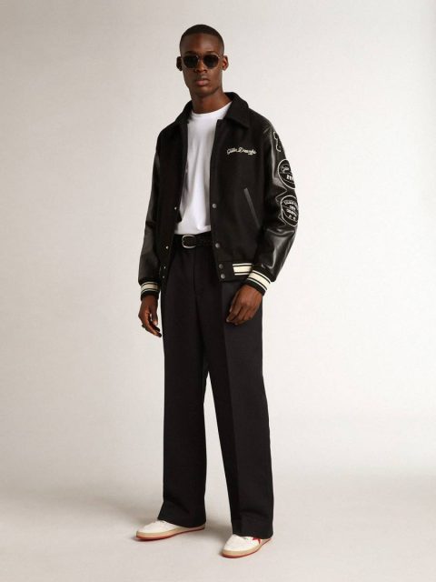 Black Men Golden Goose Coats & Jackets Black Wool Bomber Jacket With Patch - Image 3