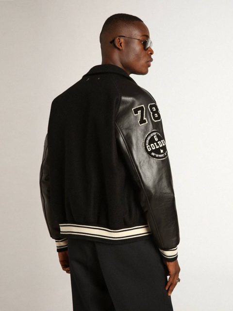 Black Men Golden Goose Coats & Jackets Black Wool Bomber Jacket With Patch - Image 4