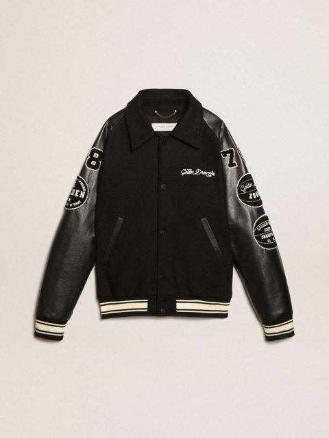 Black Men Golden Goose Coats & Jackets Black Wool Bomber Jacket With Patch