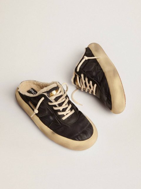 Black Space-Star Men Golden Goose Men's Space-Star Sabot Shoes In Quilted Black Nylon With Shearling Lining - Image 2