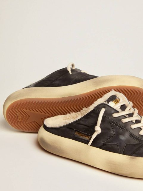 Black Space-Star Men Golden Goose Men's Space-Star Sabot Shoes In Quilted Black Nylon With Shearling Lining - Image 4