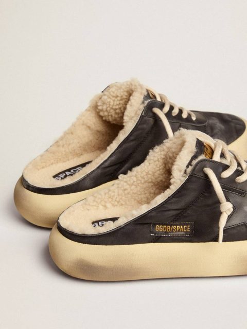 Black Space-Star Men Golden Goose Men's Space-Star Sabot Shoes In Quilted Black Nylon With Shearling Lining - Image 5