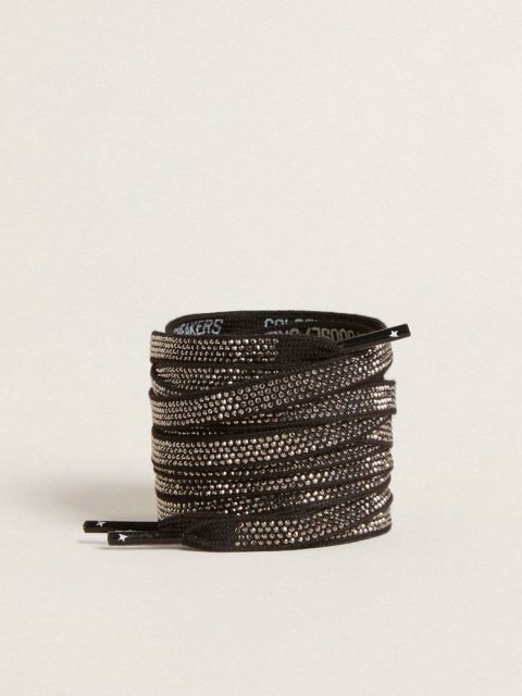 Black Women Laces Black Cotton Laces With Silver Swarovski Crystals And White Logo Golden Goose