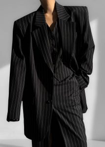 Black Women The Frankie Shop Outerwear Holland Padded Shoulder Blazer - Black/White Pinstripe - Image 2