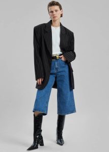 Black Women The Frankie Shop Outerwear Holland Padded Shoulder Blazer - Black/White Pinstripe - Image 3