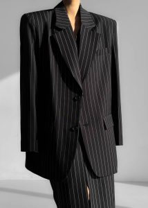 Black Women The Frankie Shop Outerwear Holland Padded Shoulder Blazer - Black/White Pinstripe - Image 4