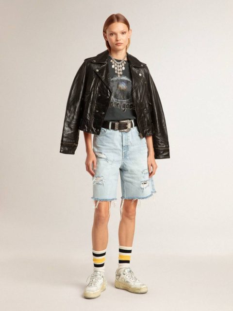 Black Women’s Black Leather Biker Jacket With Glossy Effect Coats & Jackets Women Golden Goose - Image 2