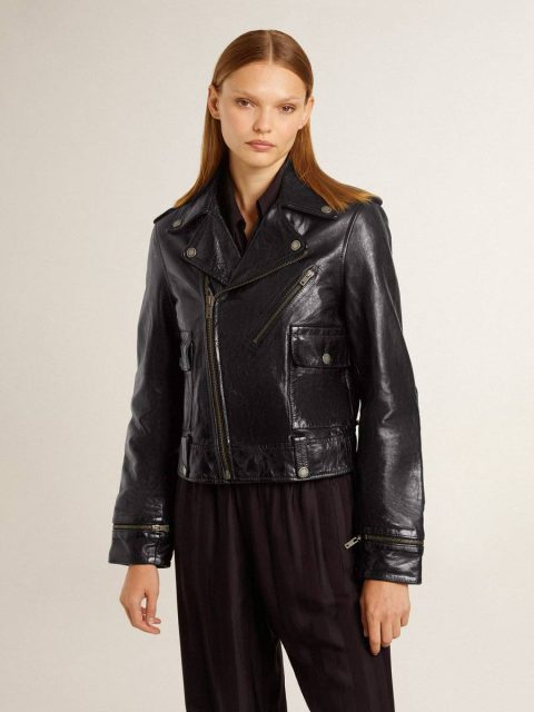 Black Women’s Black Leather Biker Jacket With Glossy Effect Coats & Jackets Women Golden Goose - Image 3
