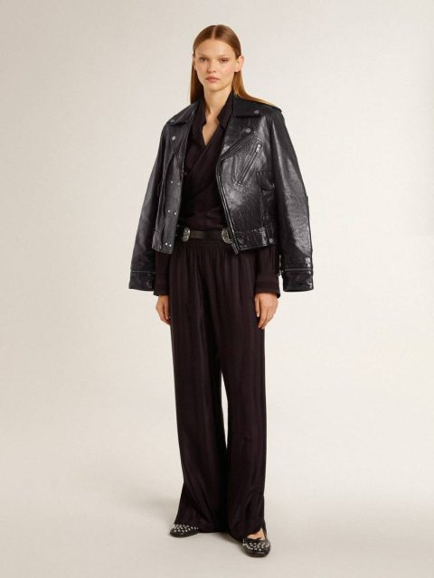 Black Women’s Black Leather Biker Jacket With Glossy Effect Coats & Jackets Women Golden Goose - Image 4