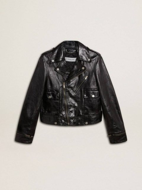 Black Women’s Black Leather Biker Jacket With Glossy Effect Coats & Jackets Women Golden Goose