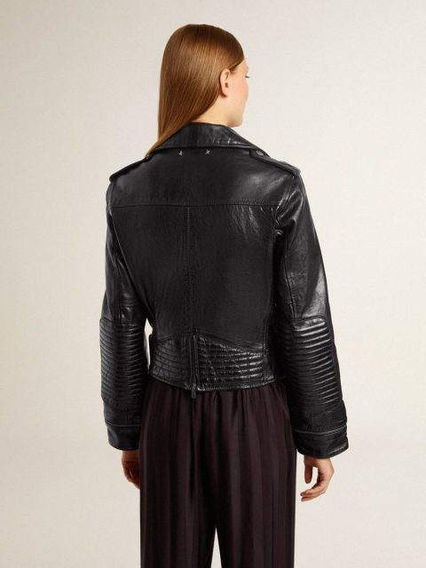 Black Women’s Black Leather Biker Jacket With Glossy Effect Coats & Jackets Women Golden Goose - Image 5
