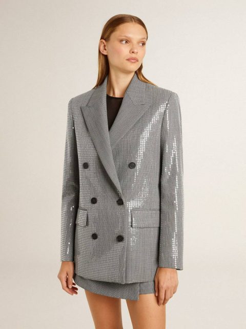 Blazers Silver Double-Breasted Wool Boyfriend Jacket In Micro Houndstooth And Sequins Golden Goose Women - Image 2