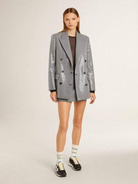Blazers Silver Double-Breasted Wool Boyfriend Jacket In Micro Houndstooth And Sequins Golden Goose Women - Image 3