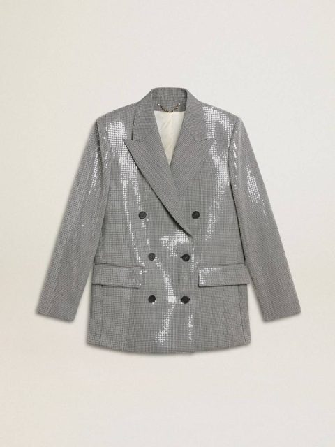 Blazers Silver Double-Breasted Wool Boyfriend Jacket In Micro Houndstooth And Sequins Golden Goose Women