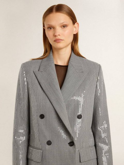 Blazers Silver Double-Breasted Wool Boyfriend Jacket In Micro Houndstooth And Sequins Golden Goose Women - Image 5