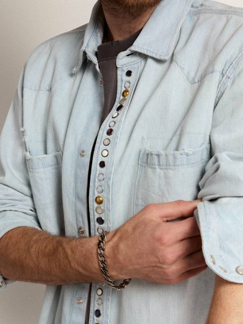 Bleached Blue Men's Bleached Denim Shirt With Hammered Studs Shirts Golden Goose Men - Image 2