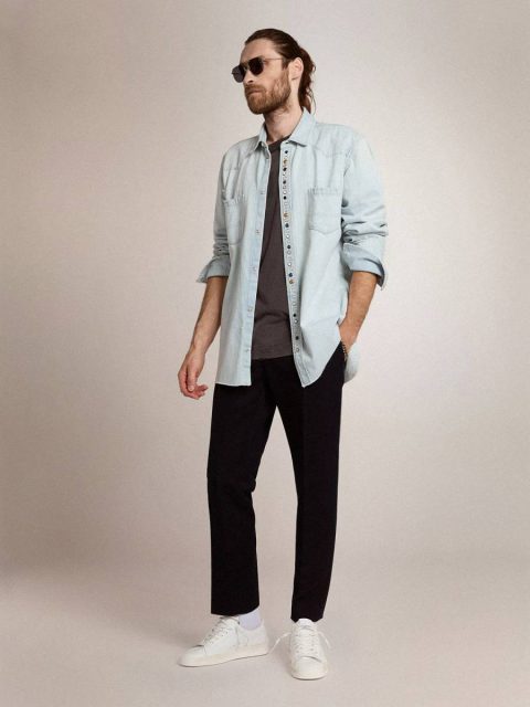 Bleached Blue Men's Bleached Denim Shirt With Hammered Studs Shirts Golden Goose Men - Image 3
