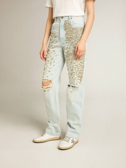 Bleached Blue Women Golden Goose Jeans & Pants Women's Bleached Jeans With Cabochon Crystals - Image 2